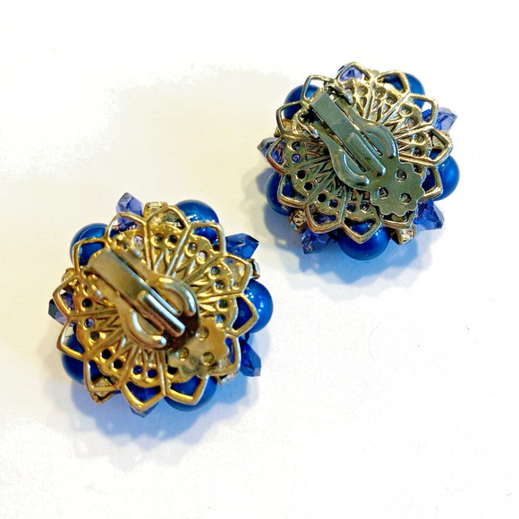 Vintage Mid Century Clip On Earrings Blue Bead & White Rhinestones Clusters - Picture 3 of 8